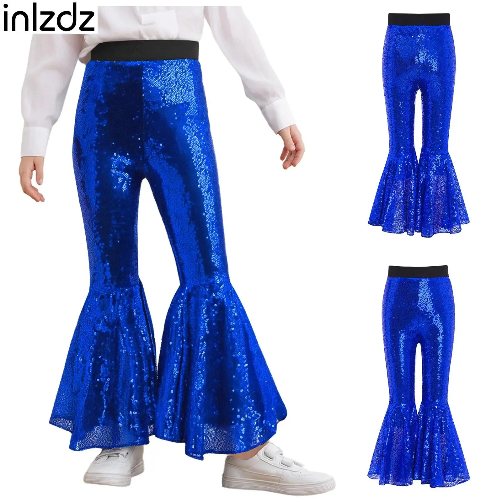 

Girls Sequin Glitter Bell Bottom Pants Bell-Bottom Trousers Childs Jazz Hip Hop Street Performance Dancewear Show Party Clothes