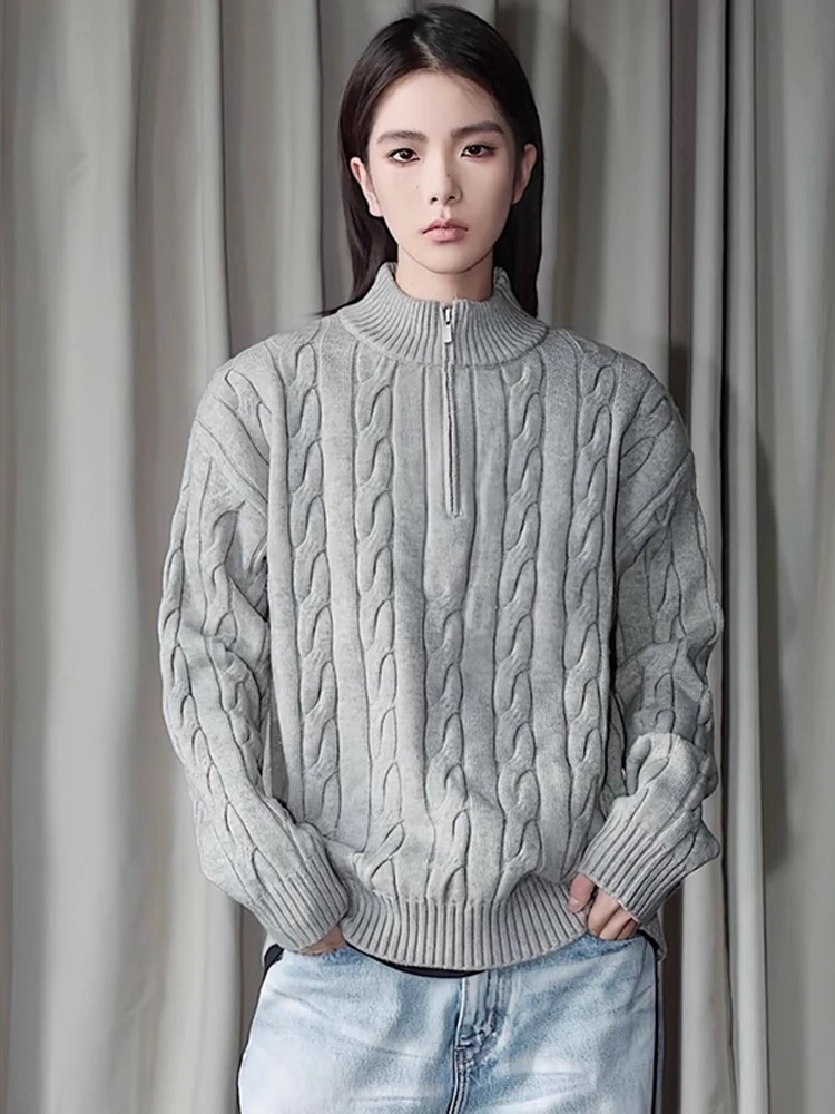 

Мужской трикотажный свитер на молнии, осенний, повседневный, свободного кроя, с узором «русалочий хвост», базовый слой, удобный, длинный, топ