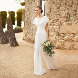 Modern Simple Wedding Dresses with Pants Boho Bridal Gowns Beach Bride Dress Round Neck Short Sleeve Wedding Gowns 2024 Back Out