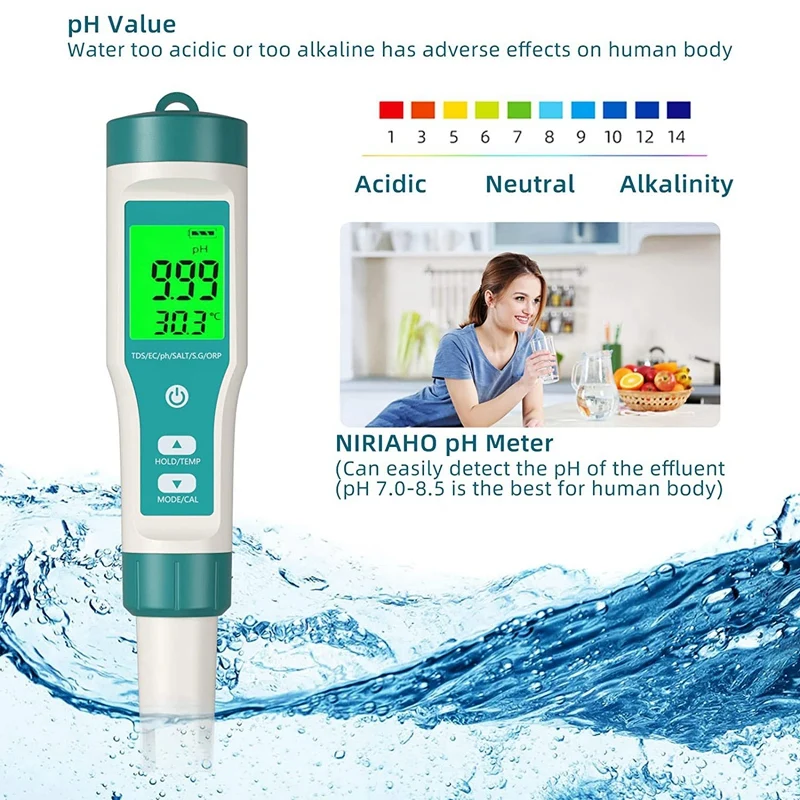 PH Meter, TDS Meter Eight In One PH Tester Meter EC Meter Salt Tester High Accuracy, Perfect For Water/Pool(Eight In One PH Mete