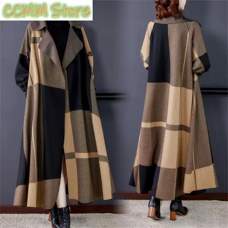 Spring Autumn New trench Coat Women's Long and Slim Skin Coat Fashion and Elegant Loose Plaid Coat Over Knee Long Coat