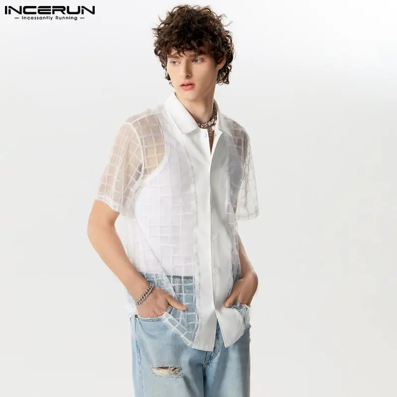 

Sexy Stylish Style Tops INCERUN New Men's Checkered Mesh Perspective Shirts Casual Hot Sale Thin Short Sleeved Blouse S-5XL 2024