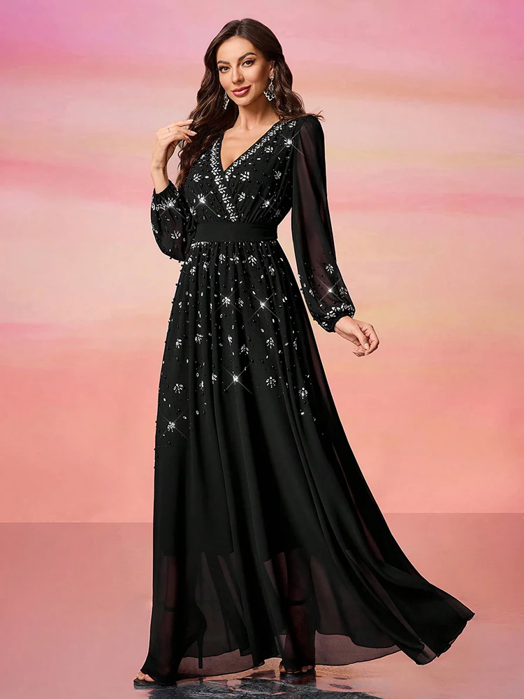TOLEEN 2024 Women\'s V-Neck Solid Color Luxury Elegant Bubble Pearl Embellished Minimalist Casual Formal Long Sleeve Maxi Dresses