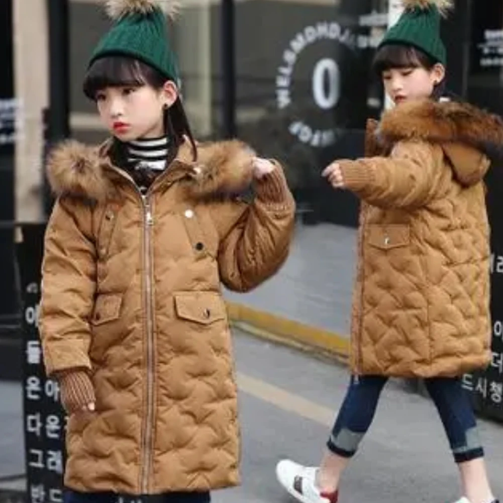 White Duck Down Girls Coat,Kids Winter Down Jacket,Windproof Long Coat,Fur Hoodie Warm Thick Outerwear,Children's Overcoat