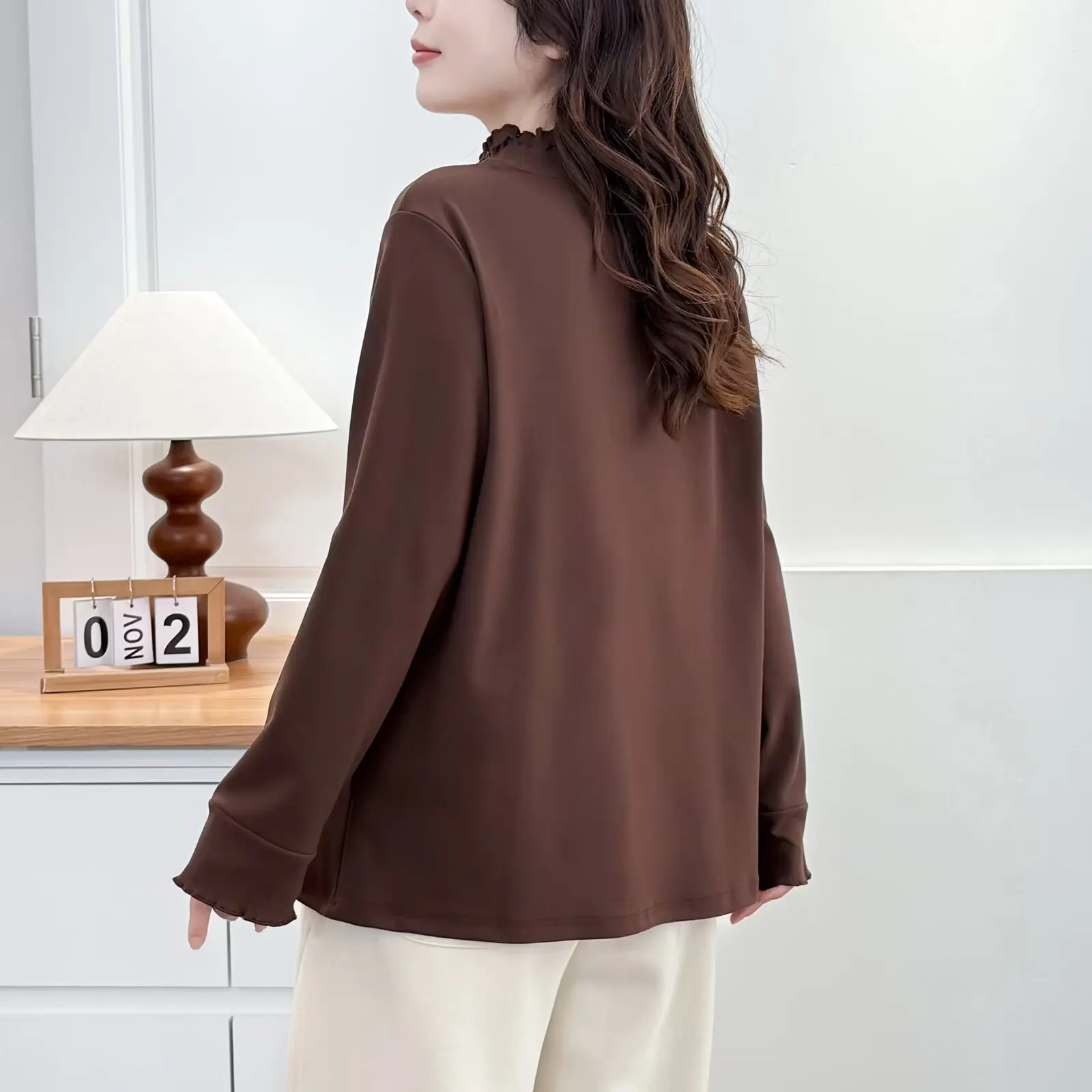 XXXXL موضة حجم كبير تي شيرت المرأة الخريف الشتاء أنيق مزدوج تكدرت طوق كم طويل دي المخملية الدافئة قاعدة القمم 2587 #2