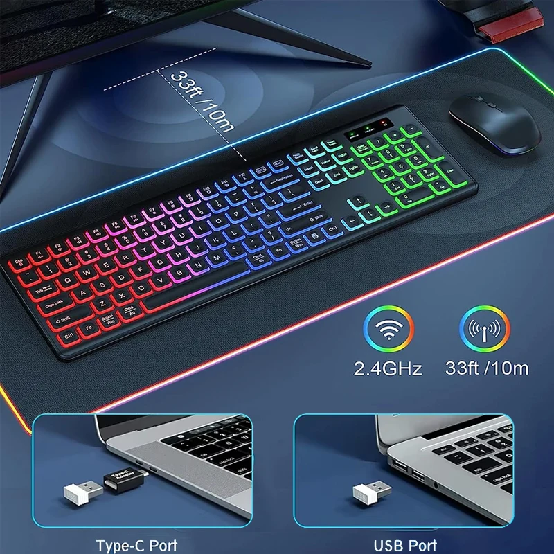 2.4G Wireless Keyboard and Mouse Combo RGB Backlit Rechargeable Wireless Keyboard Set Full-Size Ergonomic Keypad for Home Office