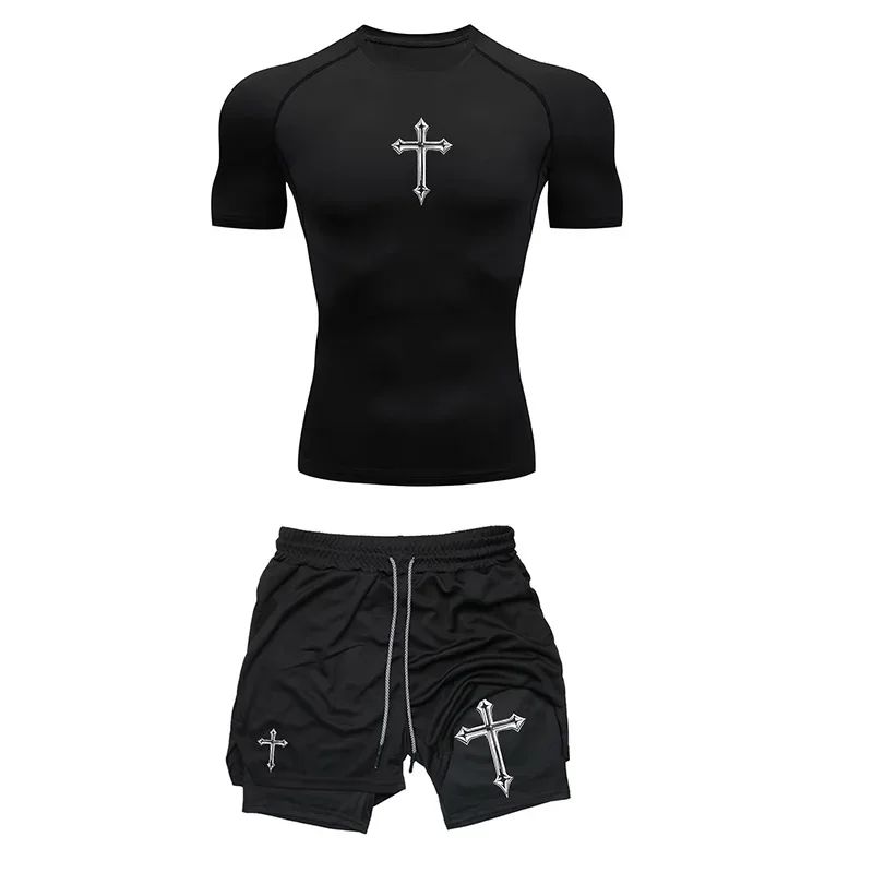 

Модный спортивный комплект из двух предметов с принтом, дышащий, компрессионный, для тренировок, мужской, обтягивающая футболка и шорты, для фитнеса и спортзала