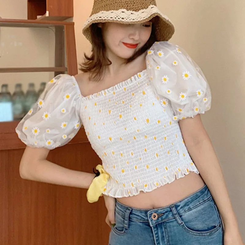 

Sweet Fairy Floral Chiffon Shirt Casual Mesh Splicing Off Shoulder Crop Tops 2023 Temperament Short Puff Sleeve Ruched T-shirts