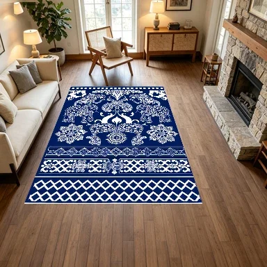 Blue and White Ethnic Elephant Floral Pattern Carpet Bohemian Style Non-Slip Floor Rug Suitable for Living Room and Bedroom