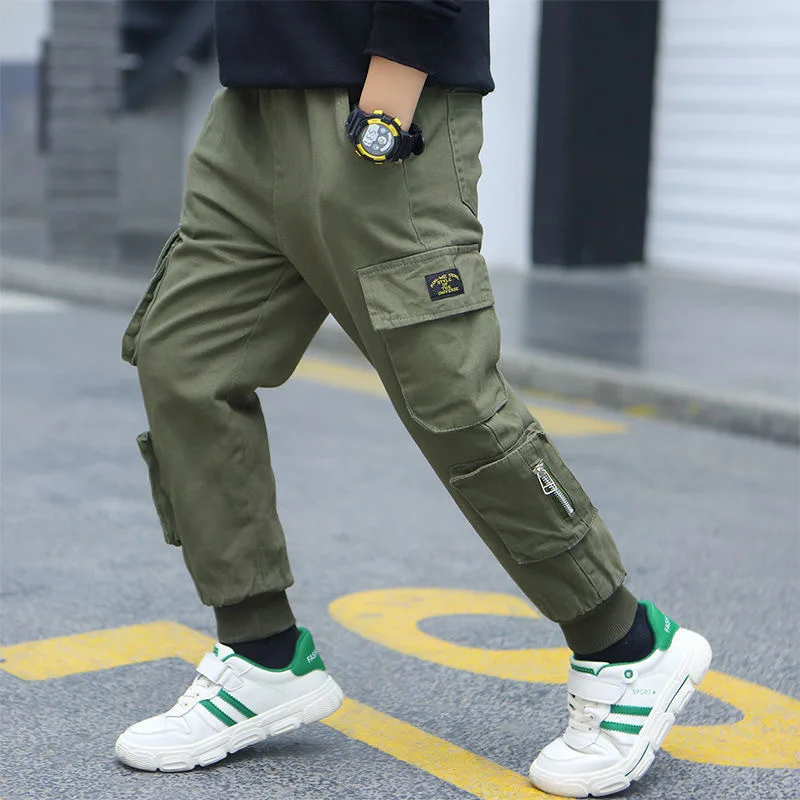 Spring Autumn Teens Pants For Boy Army Green Big Pocket Boys Jeans Children\'s Elastic Waist Boys Joggers Cargo Pants 8 12 Years