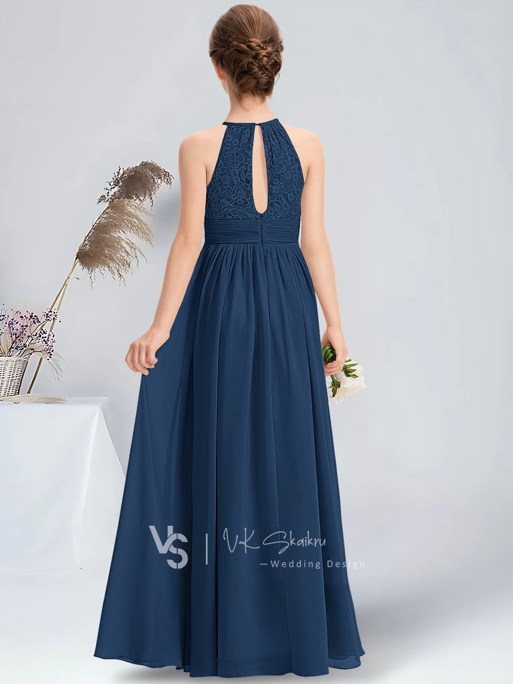 A-line Halter Floor-Length Chiffon Lace Junior Bridesmaid Dress Navy Blue Flower Girl Dress for Wedding Party Dresses For Teens