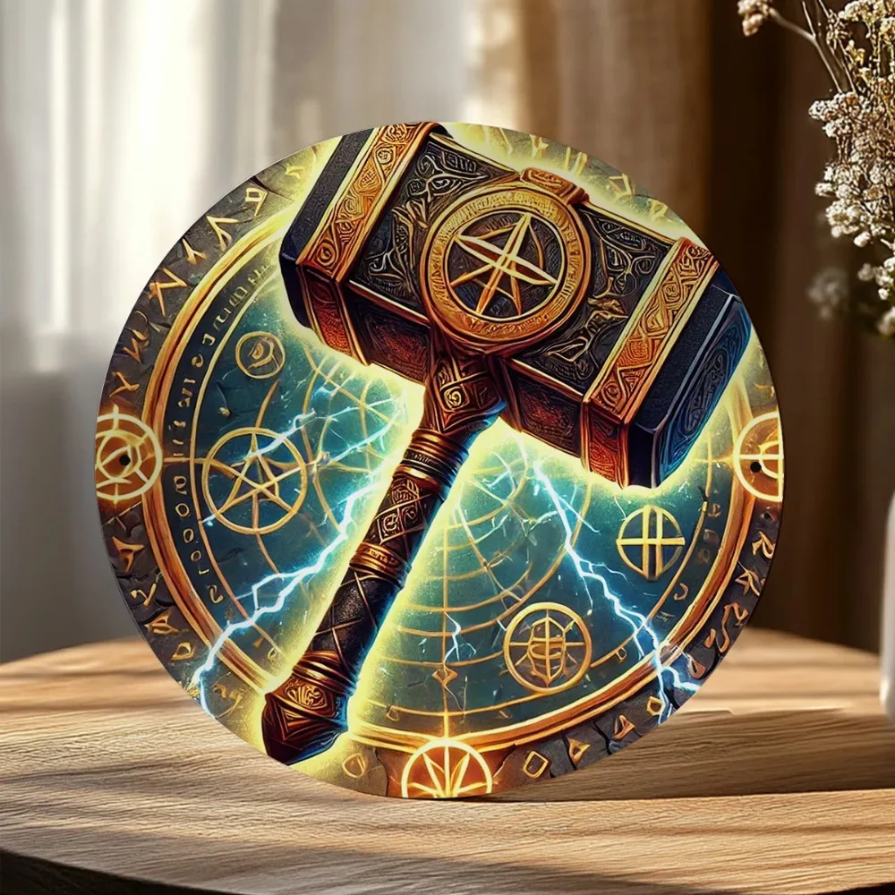 VEVOR Metal Viking Wall Art 7.87x7.87in Thor's Hammer Rune Sign Man Cave Decor