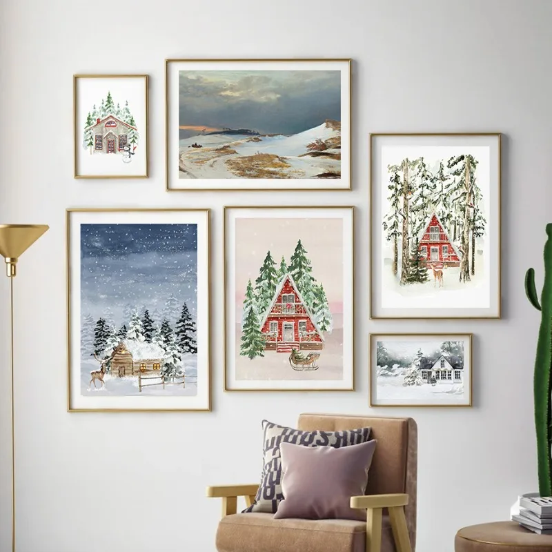 Póster de pino nevado de cabina de Navidad, impresiones de animales de invierno, impresión en lienzo, imagen artística de pared para sala de estar, decoración de vacaciones para el hogar