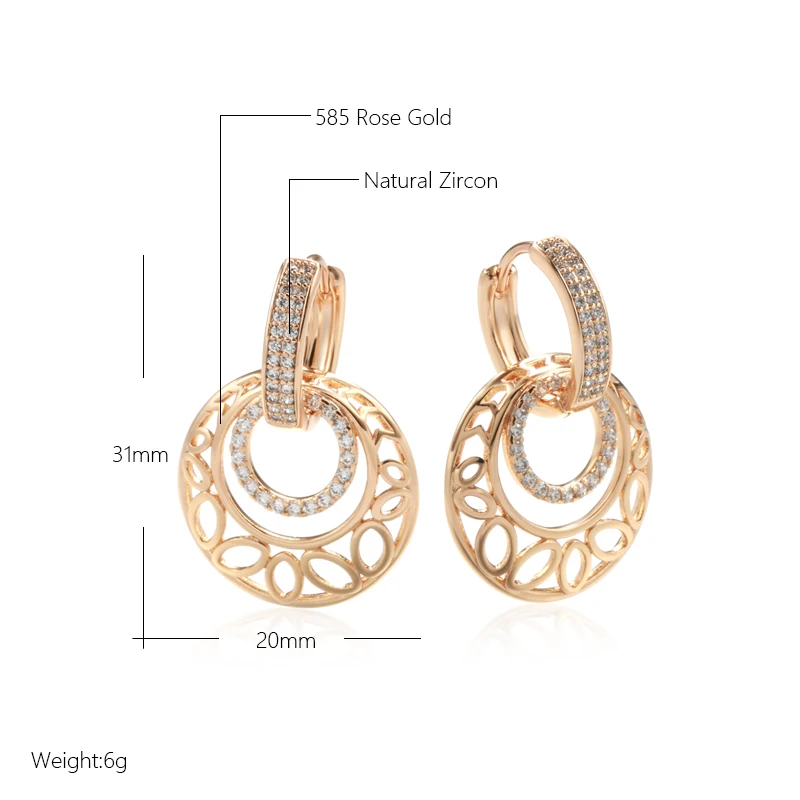 Kinel Luxury 585 Rose Gold Dangle Earrings for Women Unusual Metal Sculpture Flower Natural Zircon Wedding Fine Daily Jewelry