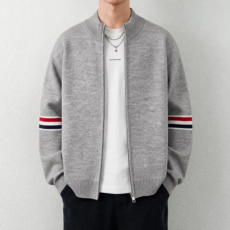 Fashion Zipper Warm Knit Cardigan Men Autumn Trend Luxury Brand Striped Color Blocking Loose Casual Half High neck Sweater Coat