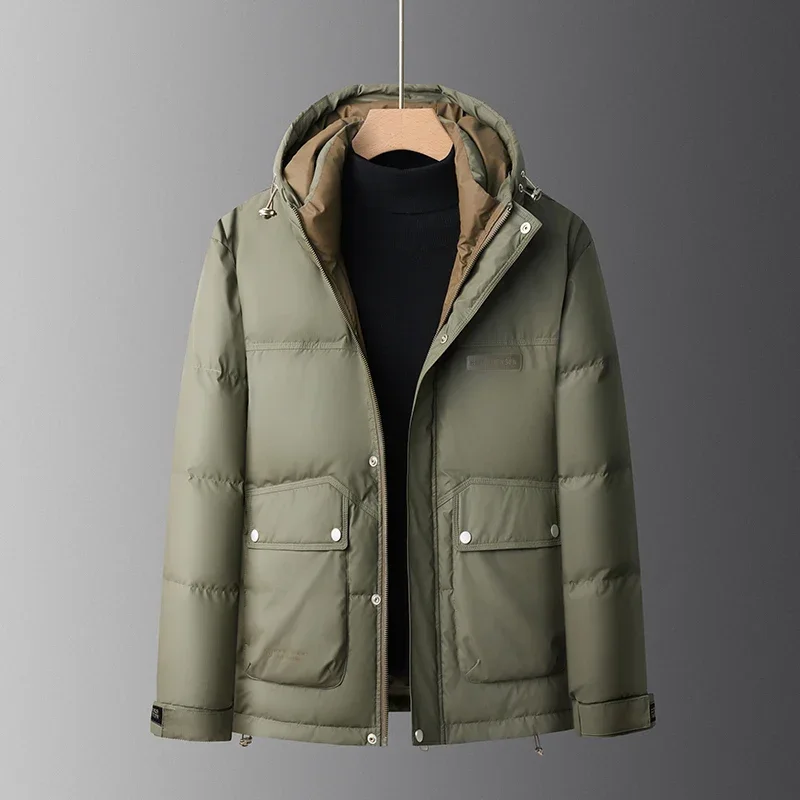 Piumino con cappuccio da uomo piumino d'anatra grigio 2024 inverno nuovo cappotto corto tinta unita spesso caldo Jack vestiti