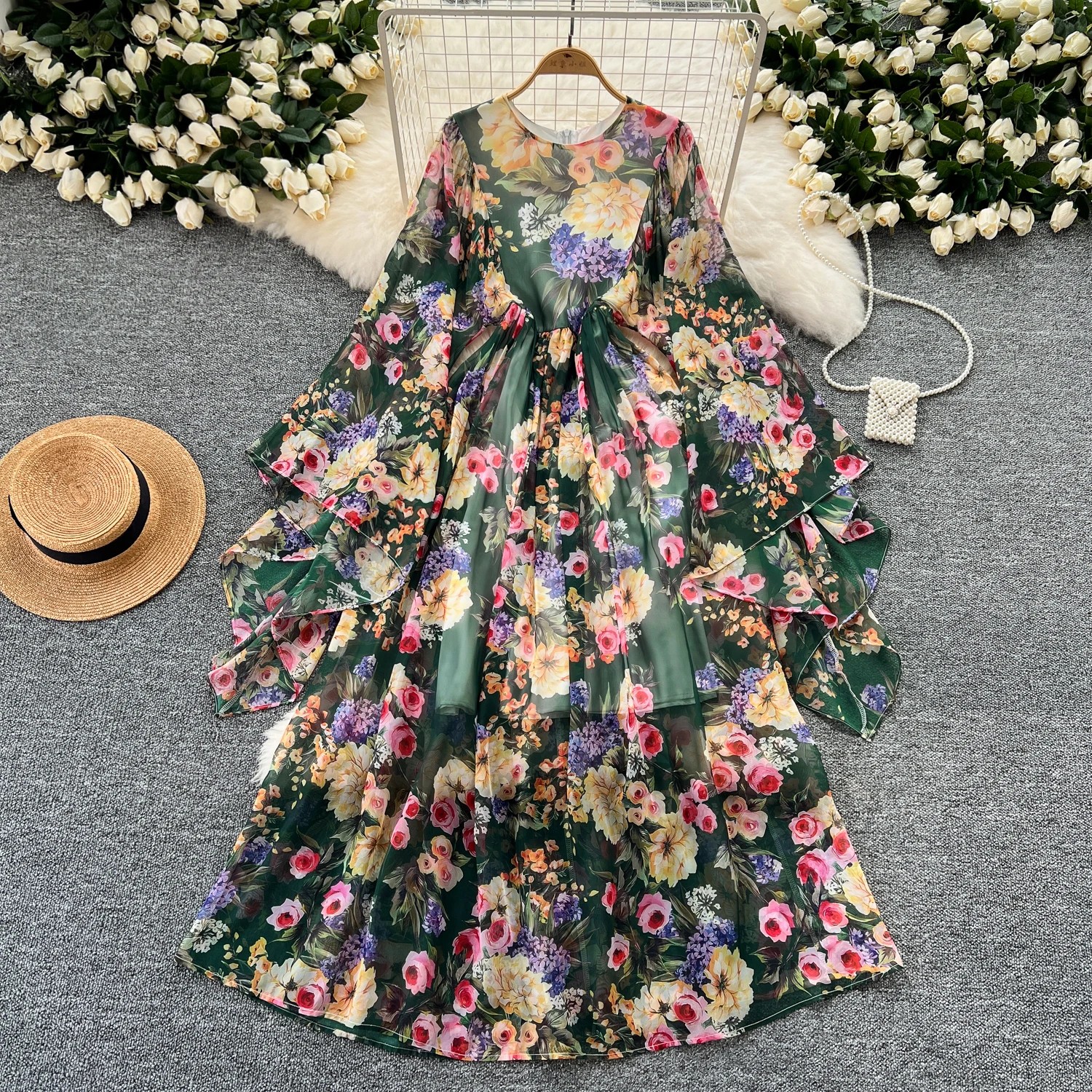 

Retro Print Elegant summer lool sleeve Dress A-line vneck Flare Sleeve Vacation Women Vestidos chiffon dresses