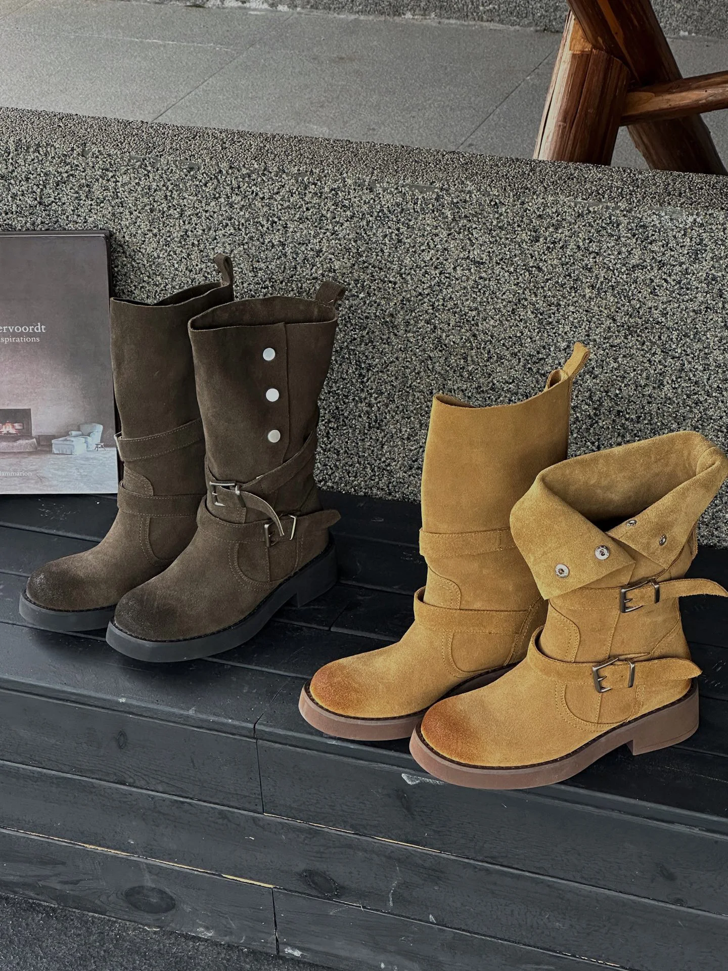 

Autumn New Wasteland Style Retro Round Toe Thick Heel Lapel Tube Rubbed Color Cow Suede Leather Western Short Boots Women Boots