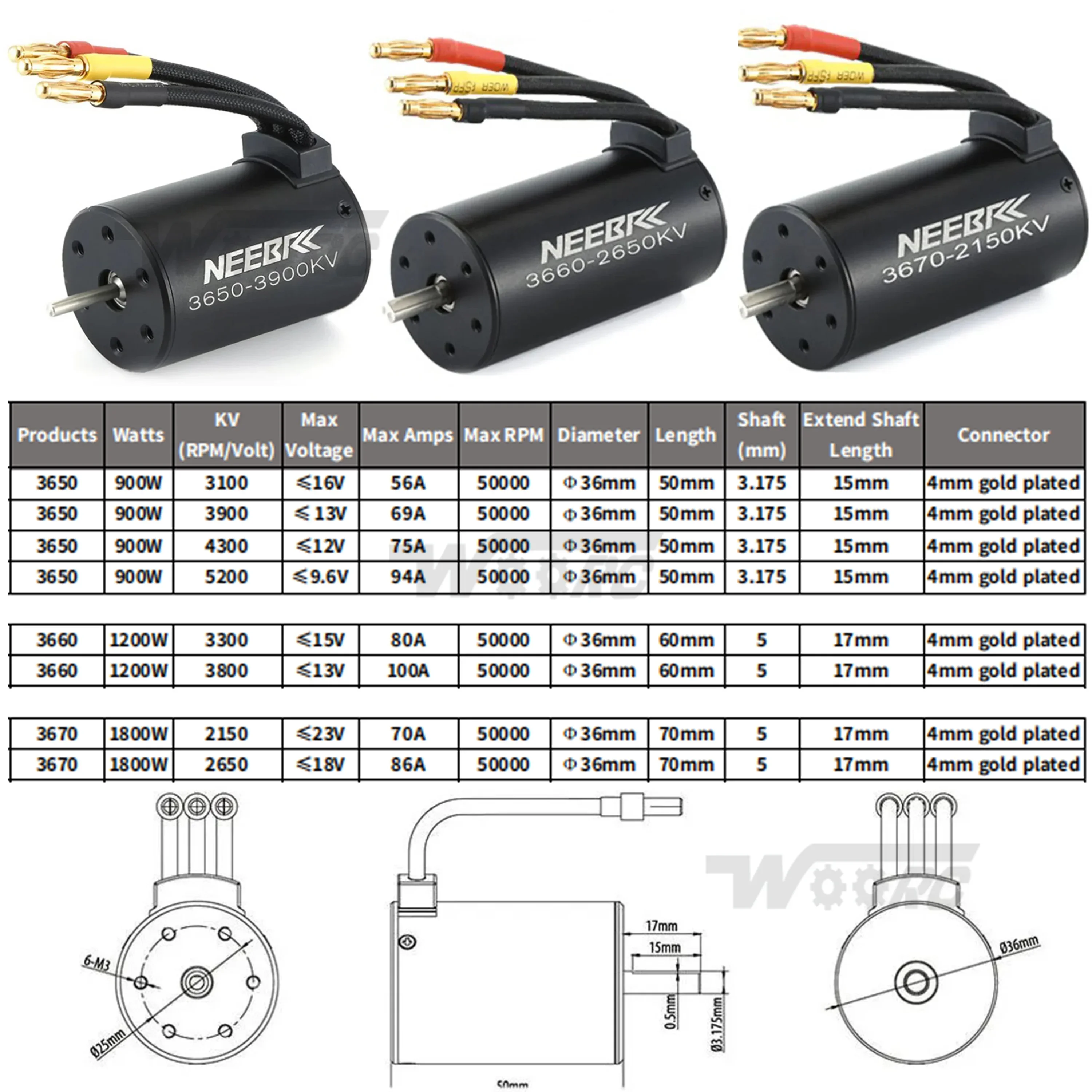 3650 3660 3670 Waterproof Brushless Motor 2150KV 2650KV 3100KV 3300KV 3800KV 4300KV 5200KV for 1/8 1/10 RC Model Car Boat Part