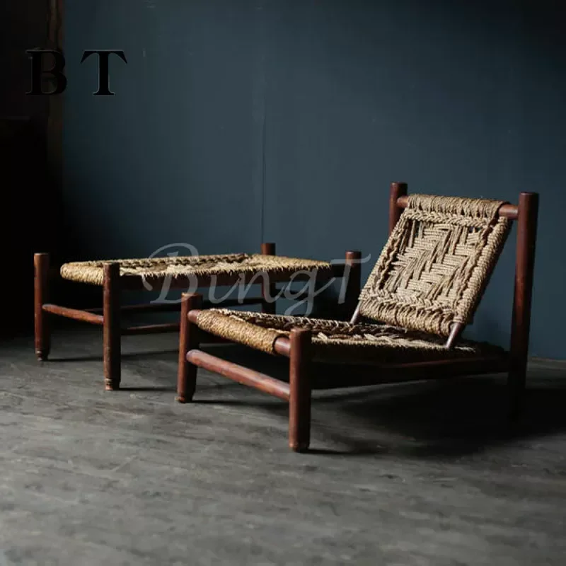 Retro Hand Woven Rattan Low Chair Solid Wood Leisure Seat for Living Room Bedroom B&B Club Vintage Creative Furniture