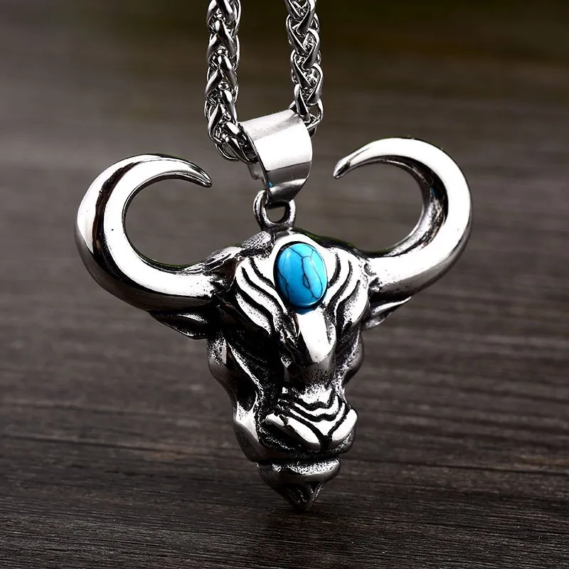 Blue Stone Animal Bull Head Men Necklace Pendant Exquisite Fashion Punk Hip Hop Glamour Party Gathering Male Jewelry Accessorie