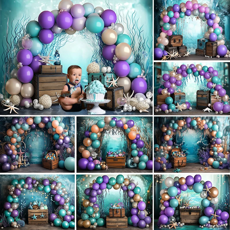 

LS Mermaid Theme Backdrop Photography Underwater World Arch Balloon Coral Decor Cake Smash Kids Birthday Photo Background Studio