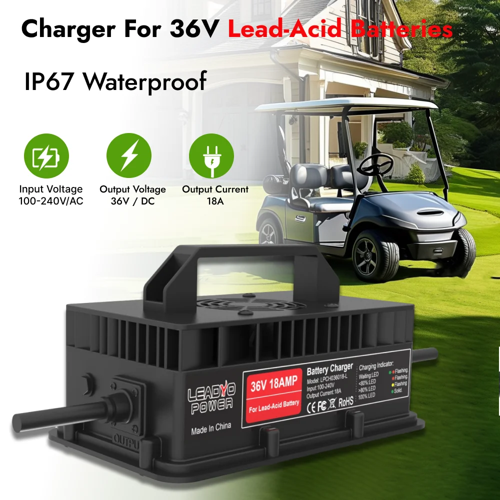 36V 18A Charger Golf Cart Lead Acid Battery IP67 Waterproof for EZGO TXT Crowfoot Plug Battery intelligent Smart Fast Charger