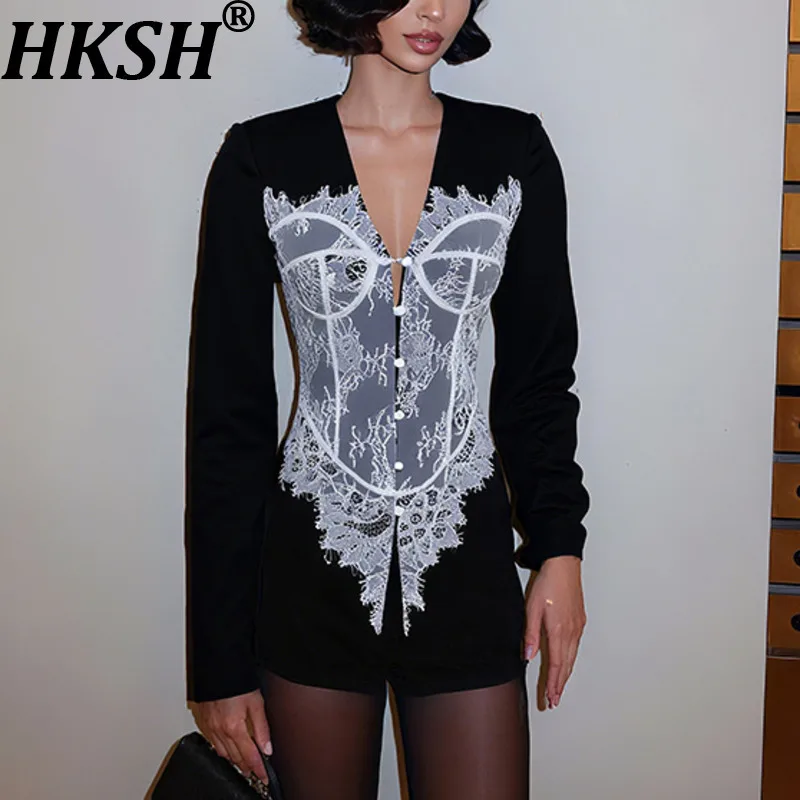

HKSH Autumn New Women Blazer Lace Patchwork Contrast Color V-neck Single Breasted Slim Fit Elegant Tide Chic Sexy Jacket HK11015