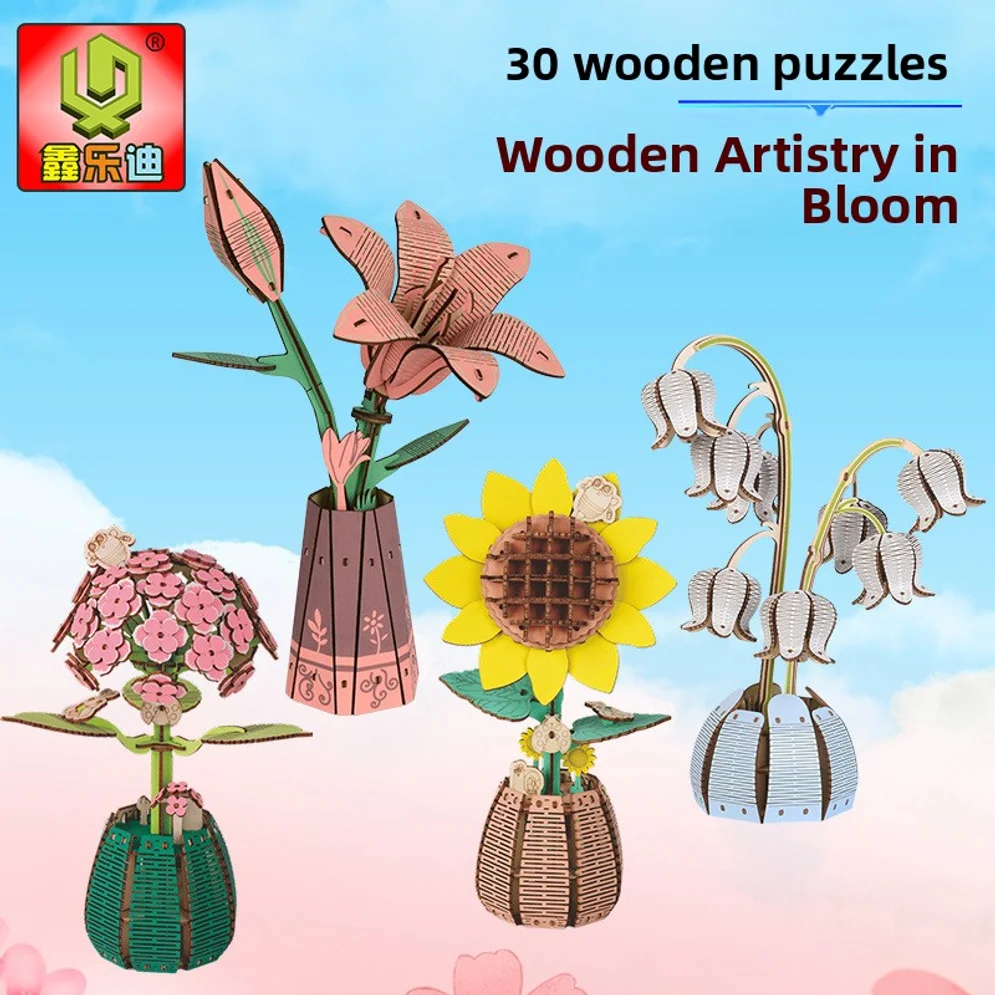 Wooden 3d Puzzle Building Block Flower Set, Diy Wooden Craft, Floral Handicrafts, Home Decoration, Educational Toy