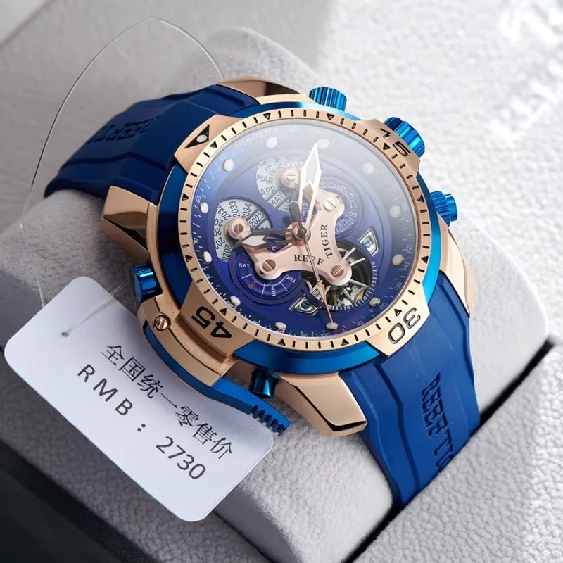 Reef Tiger/RT Mens Sport Mechanical Watches Complicated Dial Rose Gold Automatic Military Watch Rubber Strap Waterproof Clock