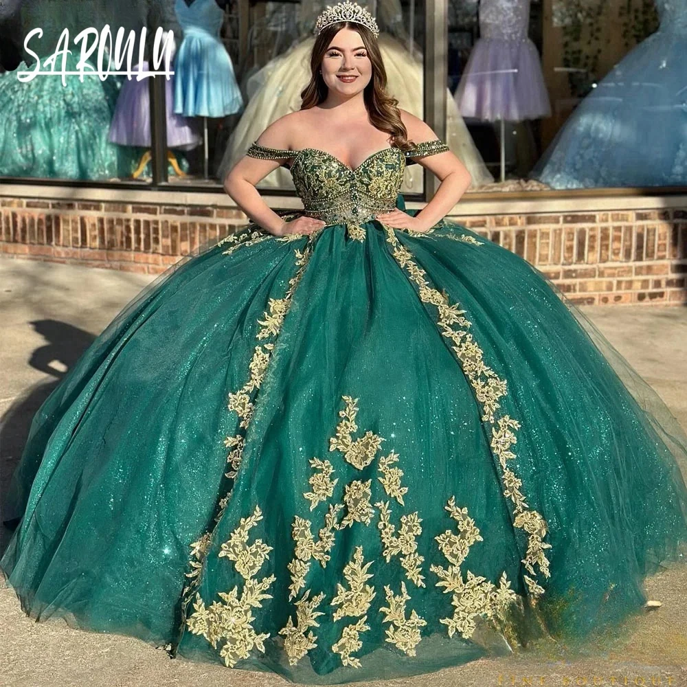 Abito stile Quinceanera verde smeraldo Appliques per feste Abito da ballo con fiocco Abito da sposa Collo a cuore Abiti da sposa Abiti da sposa