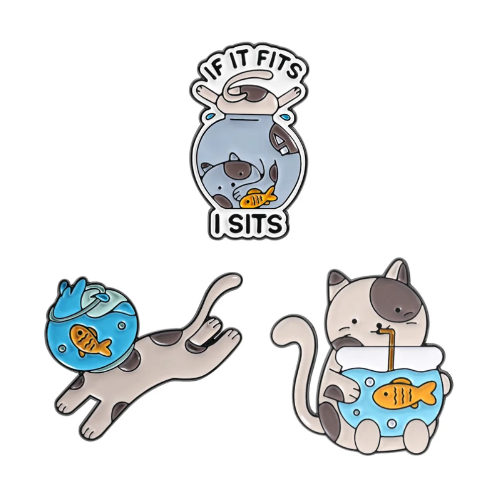 Cute Mischievous Cat Brooches Cat Stealing Fish Enamel Badges for Backpacks Cat in Fishbowl Drinking Fish Tea Pin Collection