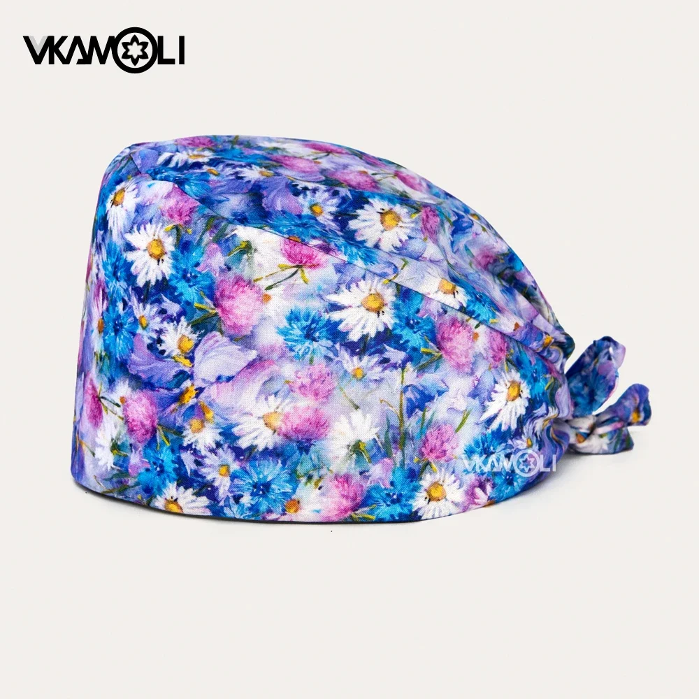 100% COTTON  Beautiful Daisy Print Nurse Care Hat Spa Lab Work Hat uniforme dentista mujer scrub cap Operating room cap