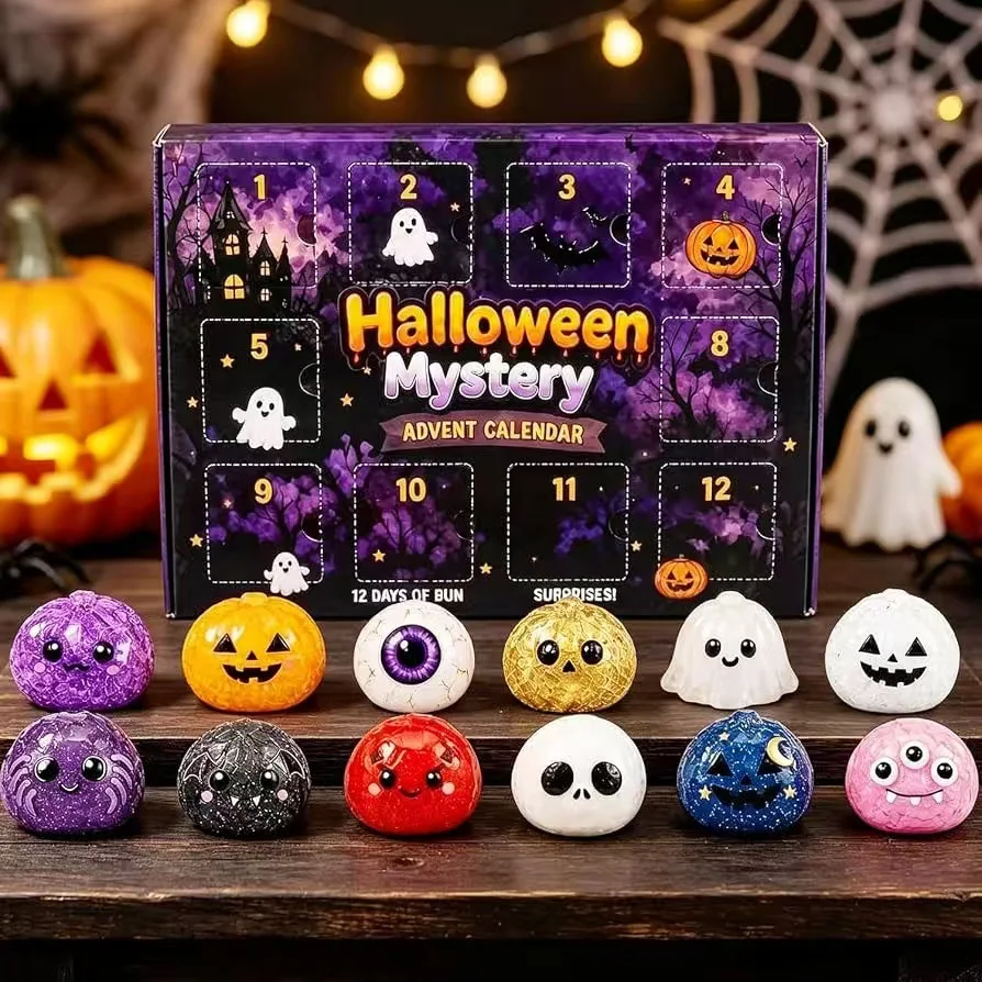 Halloween-Teigbällchen-Adventskalender mit 12 Tagen Countdown-Überraschungsbox zum Quetschen als sensorisches Halloween-Geschenk