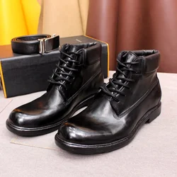 Men's British Style Ankle Boots Soft Handmade Genuine Leather Sole Windproof Comfortable Lace-up Winter Motorcycle Shoes