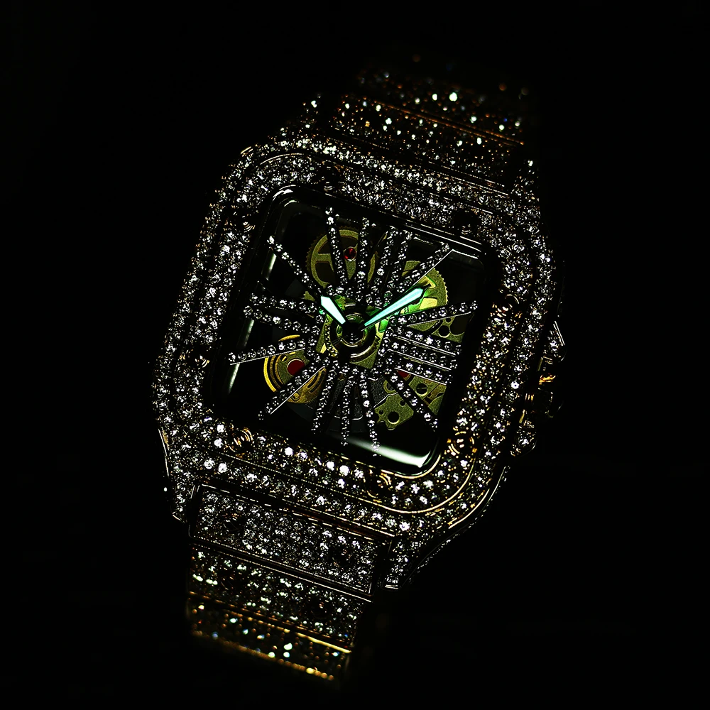 Imagem -06 - Missfox Relógios de Ouro dos Homens de Luxo Hip Hop Iced Diamante Quadrado Quartzo Relógio de Pulso Moda Oco Aaa Relógios à Prova d Água Mans Reloj