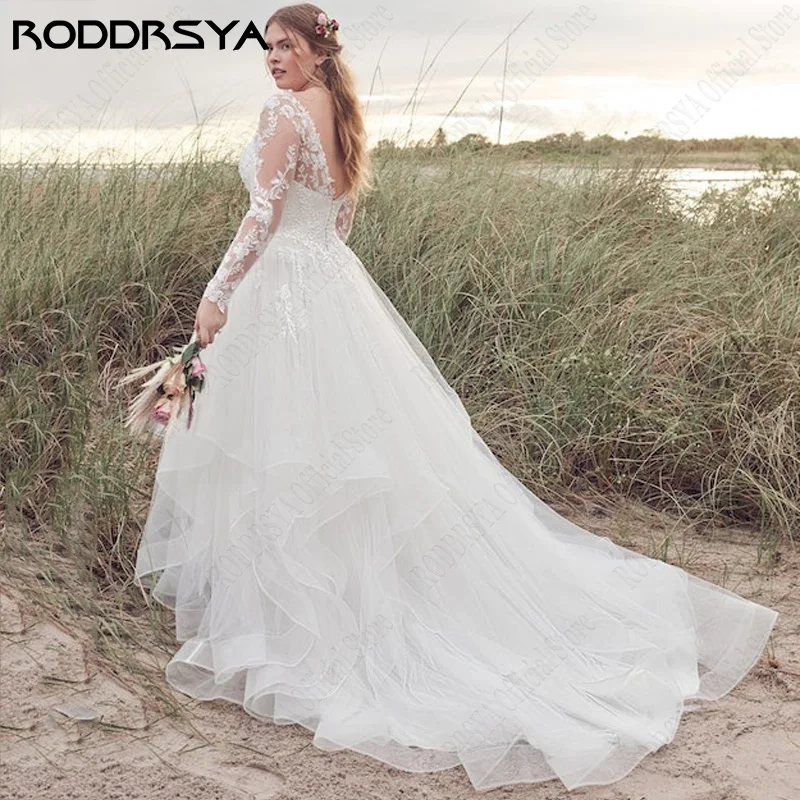 Roddrsya vestidos de novia de manga larga para mujeres de talla grande vestidos de noRODDRSYA-vestidos de novia de manga larga para mujer, ropa de boda de talla grande, de encaje, con cuello en V, de tul, línea A, 2024