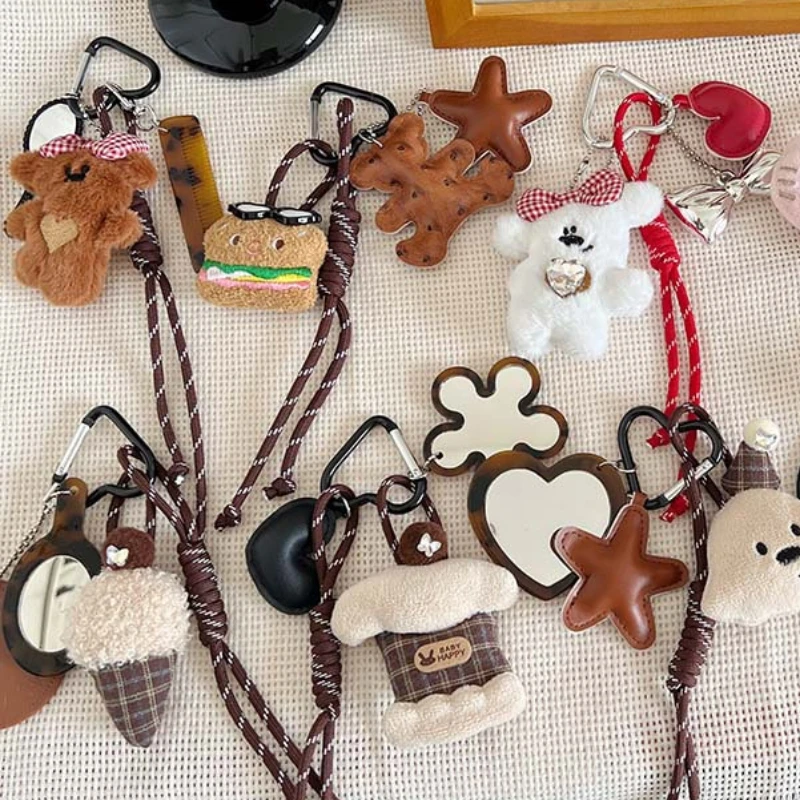 Cartoon Plush Bear Mirror Comb Keychains For Women Y2k Bag Pendant Couple Car Key Chains Jewelry Gift Decoration Accessories