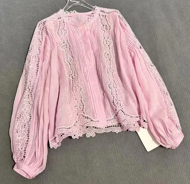 Tops Fashion New Linen Blouses 2025 Spring Summer White Pink Tops Women Hollow Out Embroidery Long Sleeve Sexy Loose Blouses XL