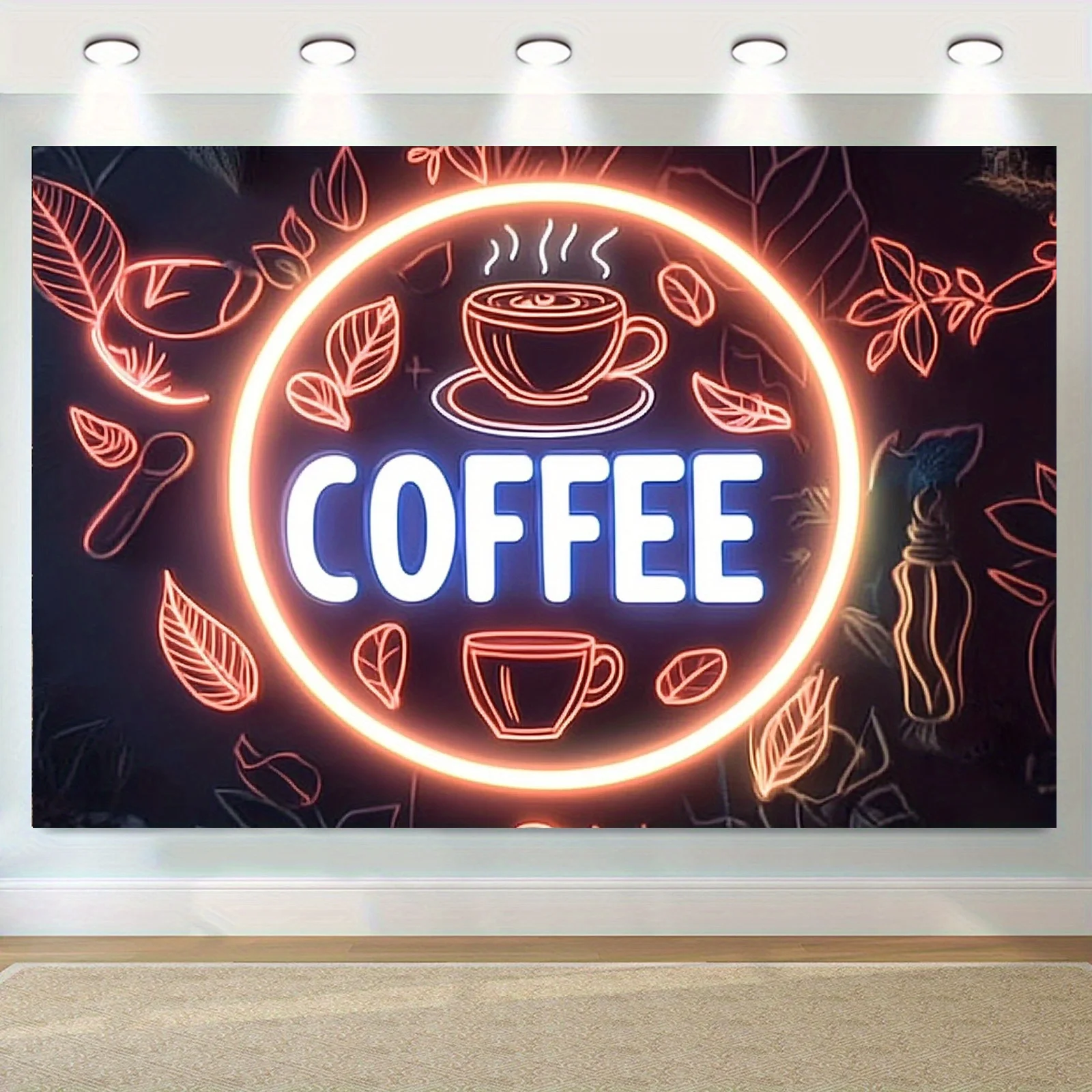 قطعة واحدة من لافتة قهوة نيون بخلفية بوليستر، حروف "قهوة" متوهجة وأنماط حبوب القهوة، ديكور مقهى