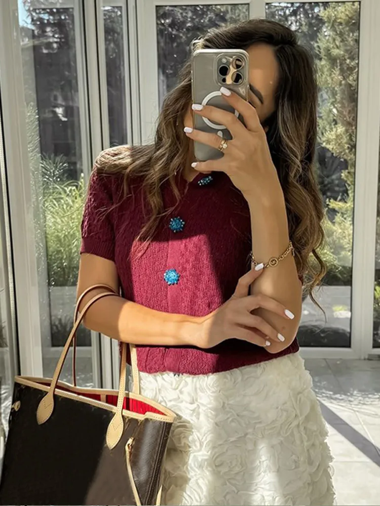 Women Burgundy Red Short Sleeve Knitted Cardigan O Neck Pocket Blue Snowflake Button Sweater Early Autumn Causal Chic Streetwear