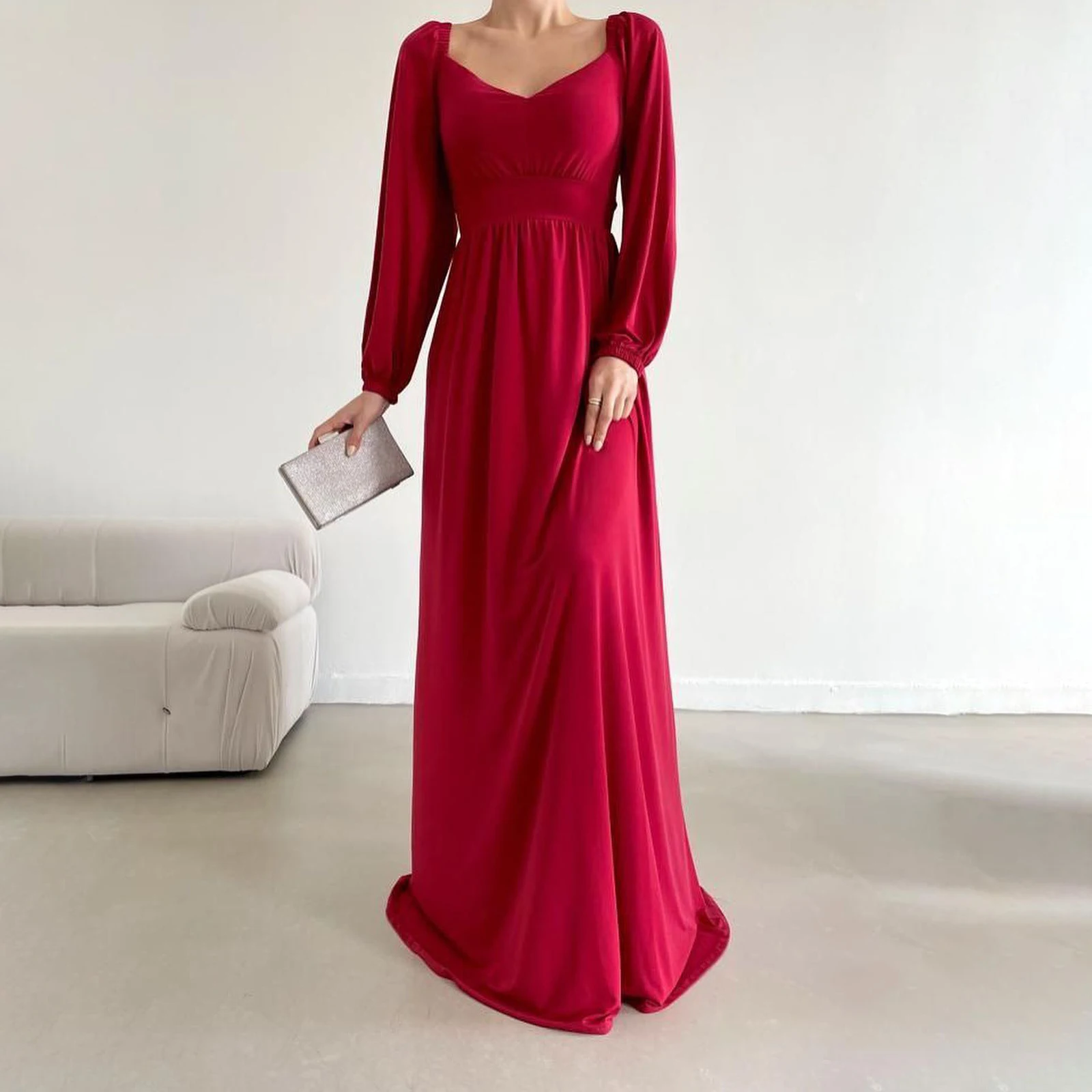 GIOIO V-Neck Luxury Formal Evening Dress Simple Red Long Sleeves فساتين سهرة  Floor Length Elegant Prom Growns Party Women