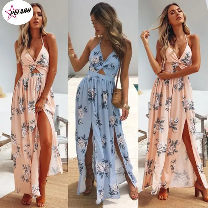 

Summer Womens Summer Boho Dress Female Maxi Long Dress Lady Evening Party Beach Dresses Sundress Floral Halter Vestidos Female