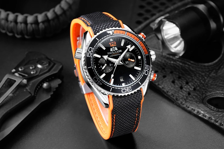 Mannen Automatische Zelf Wind Mechanische Canvas Rubber Strap Oranje Blauw Rood Multifunctionele Datum Maand Horloge