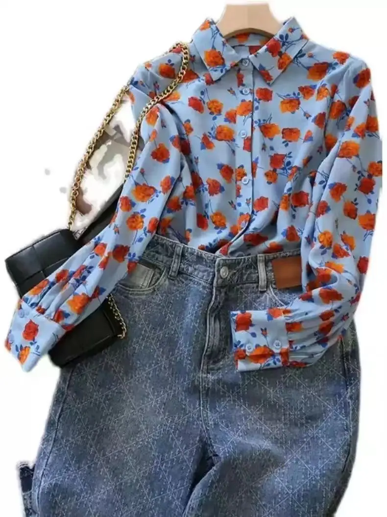 Lapel Long-sleeved Rose Print Versatile Shirt Regular Sleeve Button Splicing Elegant Cardigan