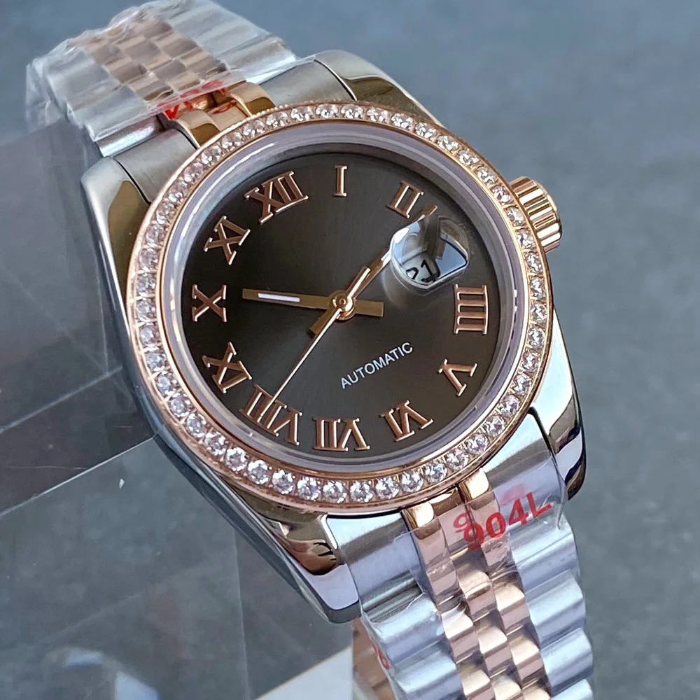 Tandorio New 31mm Silver Rose Two Tone Diamond Bezel Roman Lady Watch Sapphire Crystal 5ATM Automatic NH05A Women's Watches