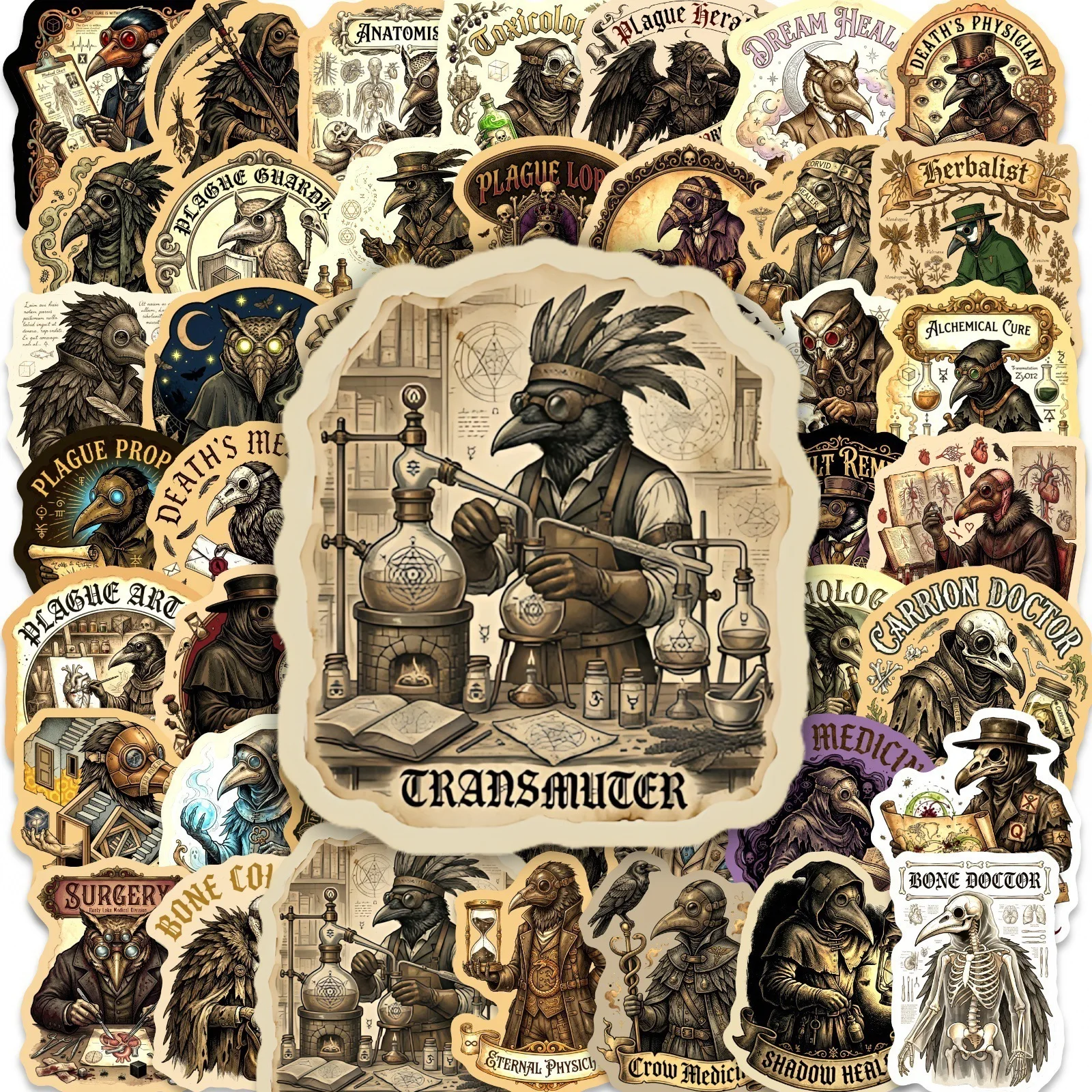 50 PCS Gothic Plague Doctor Abstract Art Stickers Non Repeated Retro Steampunk Crow Decorate Helmet Skateboard Scrapbook Decals