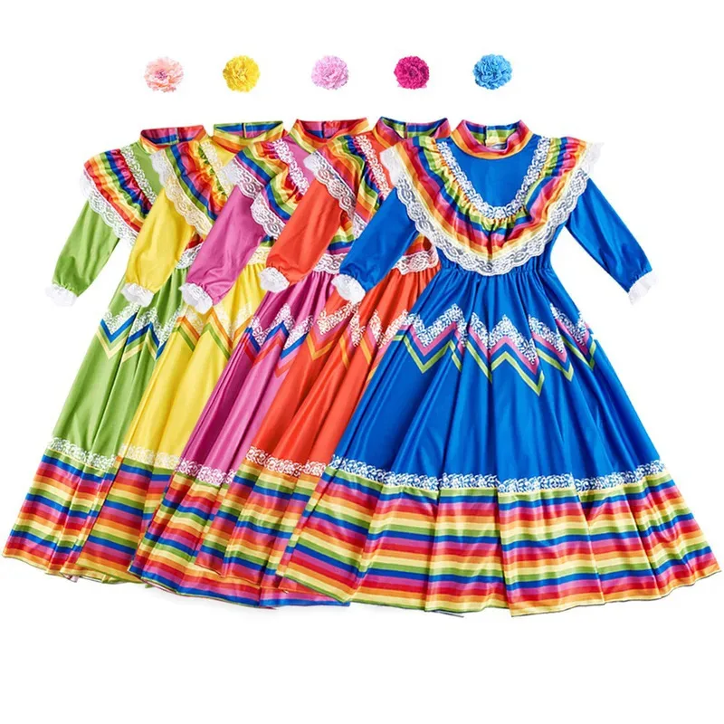 Kids Mexico Costume Dress Colors Mexican Girl Senorita Dance Cinco De Mayo Fiesta Dress