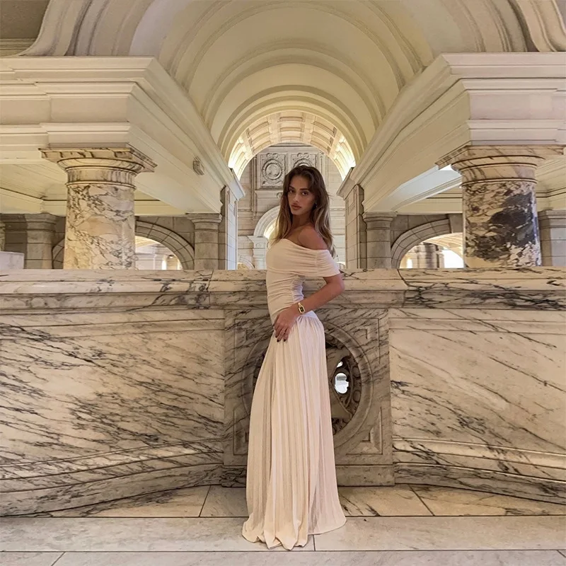 Candyhot Slash Neck Elegant Off Shoulder Solid Bodycon Dress Pleated Sleeveless Slim Maxi Dresses Y2K Fall Lady Evening Vestidos
