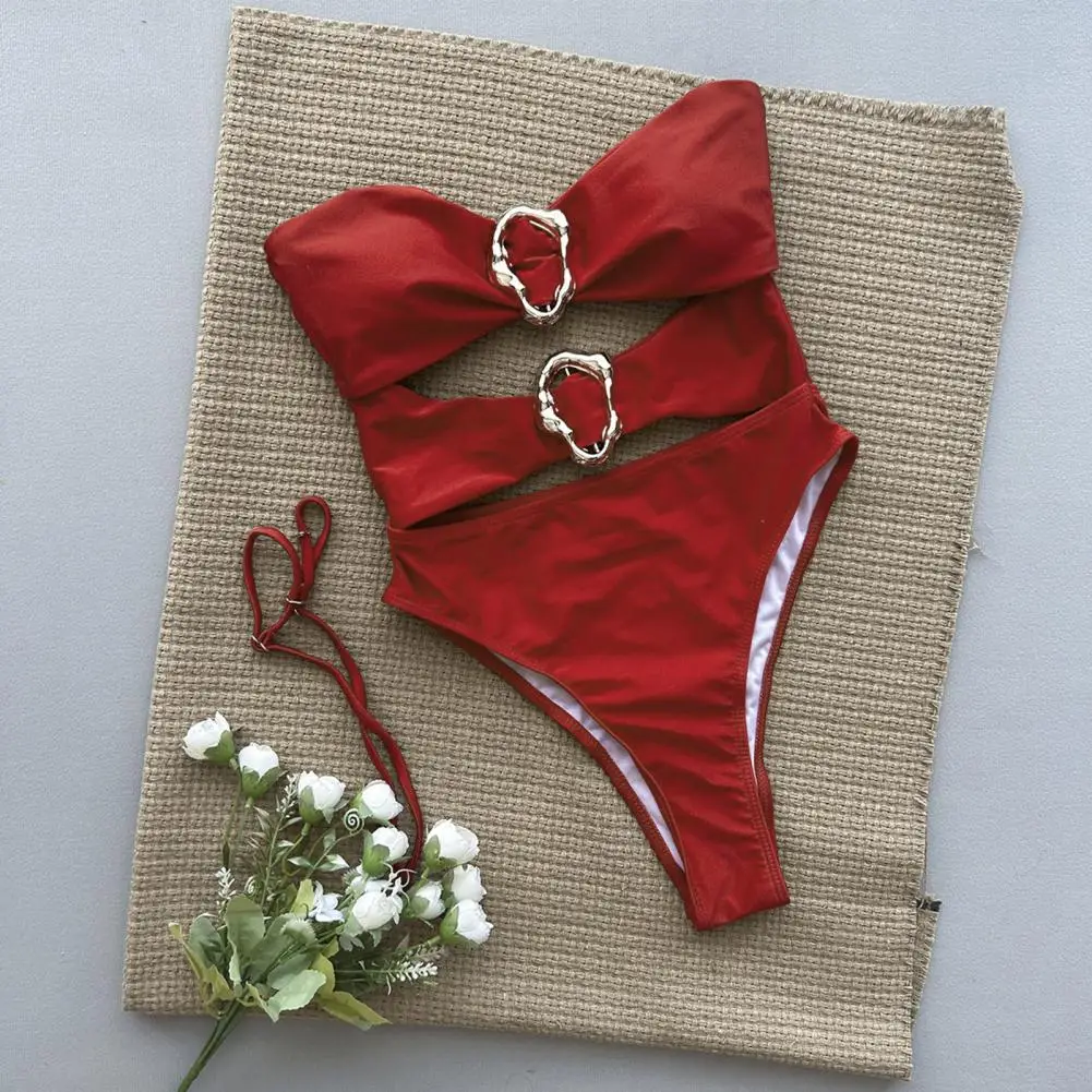 Solid Color One-piece Swimsuit Sexy Monokini Swimsuit with Off Shoulder Bandeau Hollow Design One-piece Bathing Suit Irregular